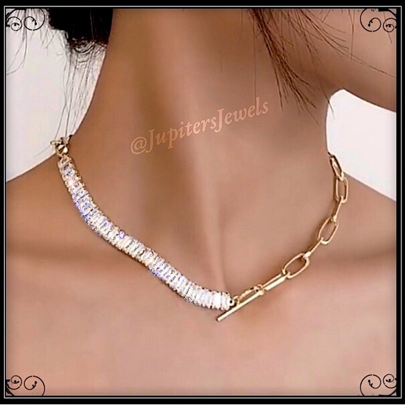 None Jewelry - 14k Gold square baguette simulated diamond zirconia chain toggle choker necklace
